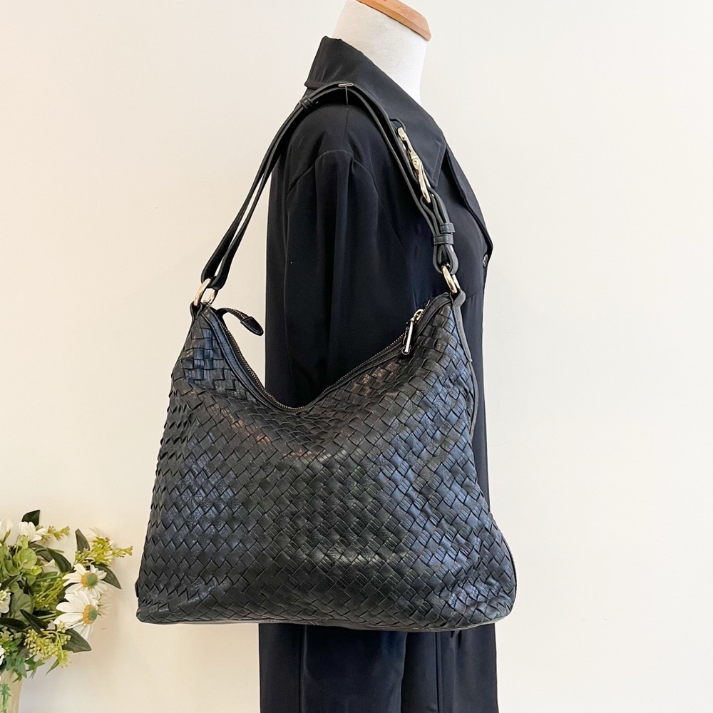 Cole Haan Avery Heritage Weave Black Leather Large Hobo with Hoof Pick Detail